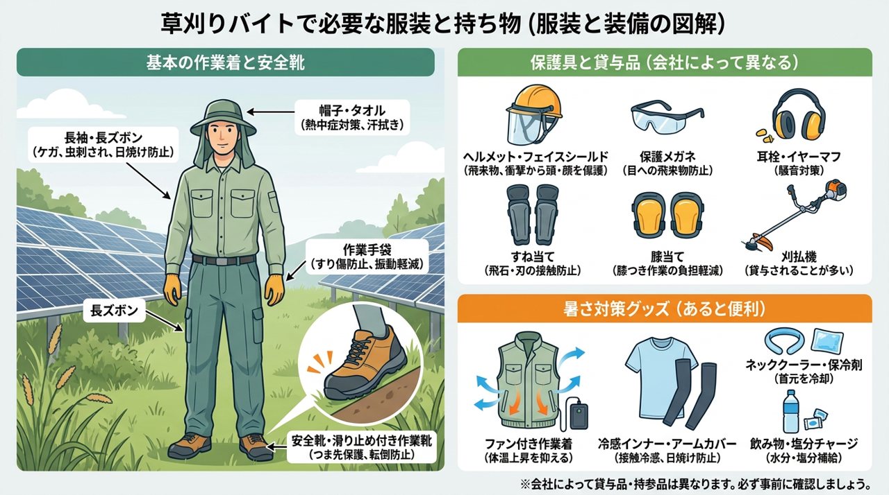 草刈りの服装と装備の図。帽子とタオル、長袖・長ズボン、作業手袋、安全靴やすべり止め付きの作業靴、保護メガネ、すね当て、暑さ対策の飲み物など