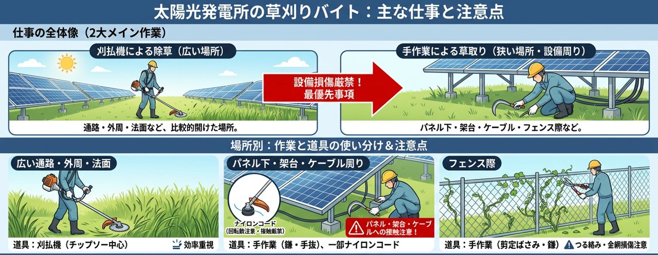 太陽光発電所の草刈りの主な作業の図。通路や外周など広い場所は刈払機で刈り、パネルの下や架台・ケーブルのまわり、フェンスぎわは設備を傷つけないよう注意して作業する