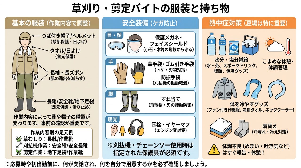 草刈り・剪定の服装と持ち物の図。つば付き帽子、長袖・長ズボン、長靴や安全靴、保護メガネ、手袋、すね当て、耳栓、水分と塩分の補給などの熱中症対策
