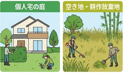 草刈り・庭木剪定の現場の例。家の庭では生垣の剪定と草取り、空き地では刈払機での草刈りと刈った草の片付け